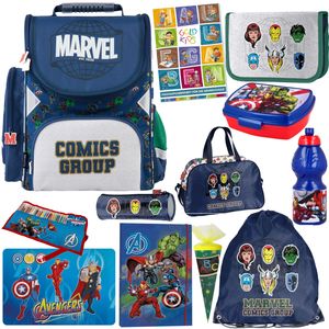 Schulranzen für Jungen und Mädchen - Schul-Rucksack für Kinder mit Federmäppchen - Schuhbeutel und Hausaufgabenheft - Marvel Avengers Motiv