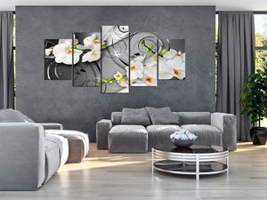 Modernes Wandbild b-A-0069-b-o (150x75) - 5 Teilig Bilder Fotografie auf Vlies Leinwand Foto Bild Dekoration Wand Bilder Kunstdruck Abstrakt Blumen Ornament Orchidee