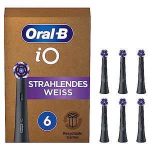 Oral-B iO Strahlendes Weiss Aufsteckbürsten für elektrische Zahnbürste, 6 Stück, aufhellende Zahnreinigung, Zahnbürstenaufsatz für Oral-B iO Zahnbürsten, briefkastenfähige Verpackung, schwarz N