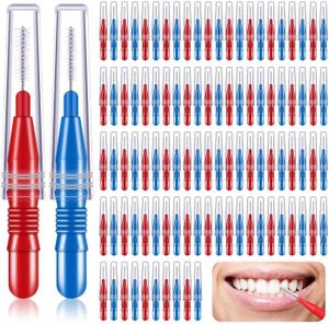 100 Stück Interdentalbürsten Dentalbürsten Zwischenraum Zahnbürste Zahnzwischenraumbürsten Zahnseide Zahnstocher Zahnreinigung Werkzeug Rot, Blau