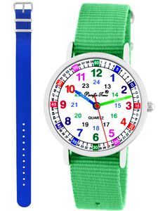 Kinder Armbanduhr Mädchen Jungen Lernuhr Kinderuhr uni 2 Armband grün + royalblau