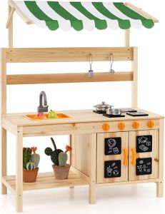 COSTWAY Matschküche Kinder Outdoor, Kinderküche Tannenholz mit Überdachung, Abnehmbarer Spüle, 4 Kochherden & Tafeln, Spielküche für Kinder 3+