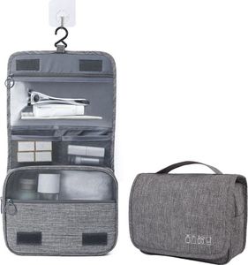 Kulturbeutel für Reisen, hängende Reisetasche, mehrere Fächer zur Organisation persönlicher Gegenstände, Haken zum Aufhängen, Damen,Herren , Grau