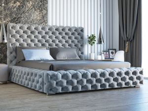 Čalouněná postel GRAINGOLD Glamour 160x200 cm Heaven - postel Chesterfield s roštovým rámem - velká zásuvka, velurová látka - světle šedá (Monolit 84)