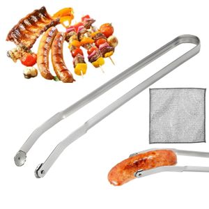 BBQ Grillzange Drehbar, Wurst Grillzange Edelstahl mit Rädchen langem Griff,Mehrzweck Grillzange für draußen mit Reinigungstuch