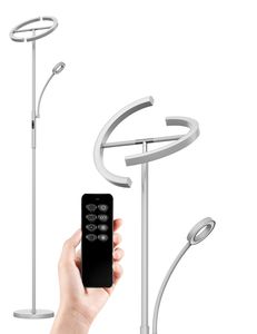 LED stojací lampa 20W + 7W s čtecím světlem, šedá, stmívatelná, 3000K-6000K, dotykové ovládání + dálkový ovladač