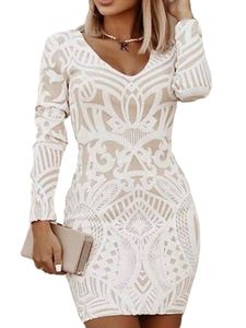 Damen V-Ausschnitt Kurzes Kleid Party A-Linie Lässig Langärmlig Eng Minikleider Weiß,Größe S