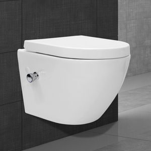 ECD Germany Spülrandloses Hänge-WC kurz mit Bidet Funktion - 370x390x490 mm - Weiß - aus Keramik - Toilette mit absenkautomatik Soft-Close - abnehmbar - Wand WC Tiefspül Hänge