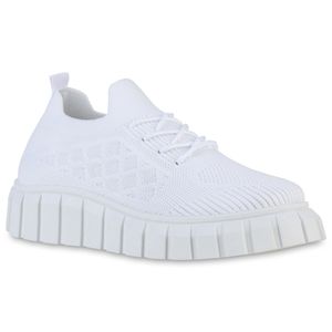 VAN HILL Damen Plateau Sneaker Schnürer Strick Profil-Sohle Schuhe 838372, Farbe: Weiß, Größe: 39
