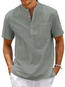 Leinenhemd Herren Hemden Baumwolle Leinen Shirts Kurzarm Tops Regular Fit Freizeithemd Grau,Größe XL