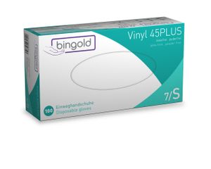 BINGOLD Vinyl 45PLUS, Einweghandschuhe, transparent, puderfrei, AQL 1,5, 100 Stück - Größe S