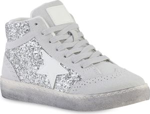 VAN HILL Damen Sneaker High Schnürer Glitzer Freizeit Schnür-Schuhe 841577, Farbe: Silber, Größe: 39 VAN HILL Damen Sneaker High Schnürer Glitzer Freizeit Schnür-Schuhe 841577, Farbe: Silber, Größe: 39