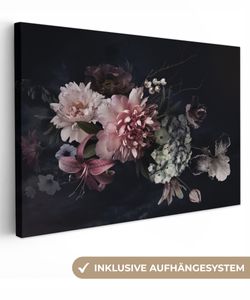 OneMillionCanvasses® - Leinwandbilder - 120x80 cm, Blumen - Vintage - Pastell - Schwarz - Blumenstrauß, Wandbilder Kunstdruck Wanddekoration - Wanddekorationen - Wohnzimmer