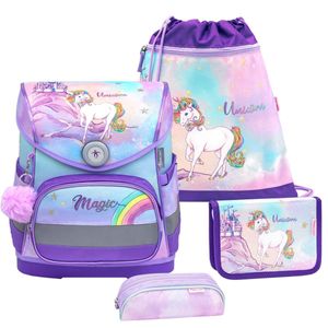 Belmil ergonomischer Schulranzen Set 4 -teilig für Mädchen 1-4 Klasse Grundschule//Brustgurt/Magnetverschluss/lila, hellblau (405-41 Rainbow Unicorn Magic)
