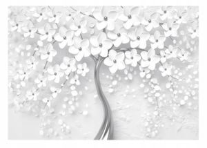Vlies Fototapete 3D Abstrakt Magnolie (368x254 cm - inklusive kleister) Silber Blumen Baum Schlafzimmer Wandtapete Motivtapeten Tapete UV-Beständig Montagefertig