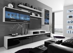 Wohnwand BETA Hochglanz mit LED Weiß / Schwarz hochglanz
