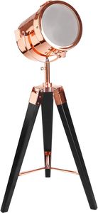 BRUBAKER Stehleuchte Industrial Design Tripod Lampe - 65 cm Höhe - Stativbeine aus Holz Schwarz - Scheinwerfer Kupfer
