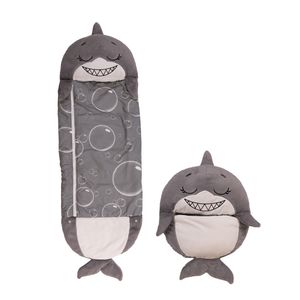 Happy Nappers Hai grau | Medium 3-6 Jahre | Spielen - kuscheln- schlafen | Flauschiger Kinderschlafsack | 4 Motive | 2 in 1 Kuscheltierschlafsack & Kissen für Mädchen und Jungen