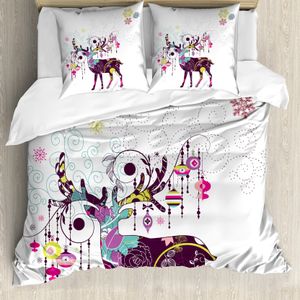 ABAKUHAUS Weihnachten Bettbezugs Set Für Doppelbetten, Rentier Ethnische Ornamente, Milbensicher Allergiker geeignet mit Kissenbezügen, Mehrfarbig