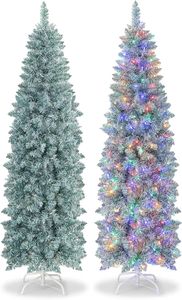 COSTWAY 180cm künstlicher Weihnachtsbaum Bleistift, LED Tannenbaum mit Beleuchtung, schlanker Christbaum mit mehrfarbigen Lichtern, Kunstbaum mit Metallständer für Weihnachten, Grün+Weiß