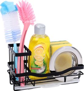 Belle Vous Spülbecken Organizer Schwarz aus Eisen - Rostfreier Schwamm- und Lappenhalter Spülbecken mit Abtropfschale - Schnell Trocknender Organizer