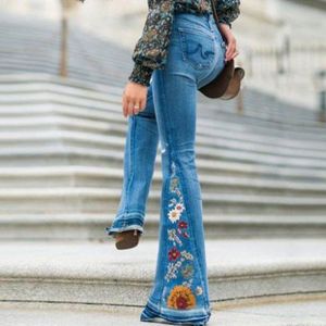 Damen Hohe Taille Stickerei Bell-Bottom Denim Jeans Schlaghose Wide Leg Pants,Farbe:Hellblau,Größe:M