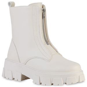 VAN HILL Damen Plateau Boots Stiefeletten Blockabsatz Profil-Sohle Schuhe 838379, Farbe: Beige, Größe: 39