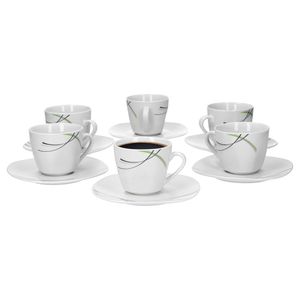 6er Set Kaffeetasse 20cl und Kaffeeuntertasse 14,5cm Donna - weißes Porzellan mit Linien- Dekor in schwarz, grau und grün