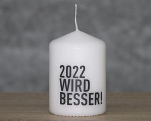 Flämmchen, weiß/anthrazit, "2022 WIRD BESSER!" Stumpenkerze klein 8 x 6 cm