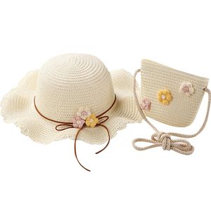 Sommer Kinder Blume Sonnenschutzkappe Strohhut Strandhut Stroh Strandtasche 2er-Set, Farbe: Weiß