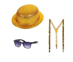 Disco Faschingsoutfit Set Kv-282 Glitzernder Melonen Hut, Glitter-Hosenträger & Sonnenbrille – Unisex, Ideal für Karneval, Farbe wählen:gold