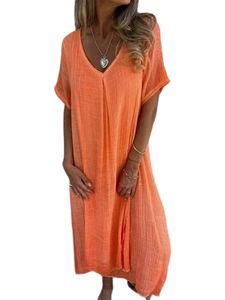 Damen Sommerkleider Baumwolle Kleider Kurzarm Maxikleider Langes Kleid Strandkleid Orange,Größe 3XL