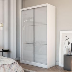 Kleiderschrank mit Hochglanz Viva Schrank mit Schiebetüren Kleiderstangen Garderobe ohne Spiegel, Farbe: Weiß, Breite: 120 cm