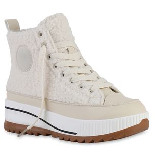 VAN HILL Damen Plateau Sneaker Kunstfell Profil-Sohle Schuhe 840896, Farbe: Beige, Größe: 36
