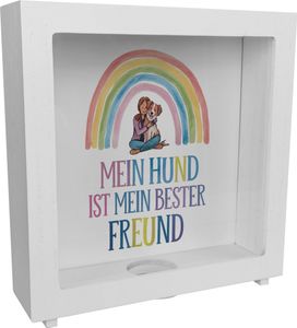 Bester Freund Rahmen Spardose aus Holz - Frau umarmt Hund unter Regenbogen