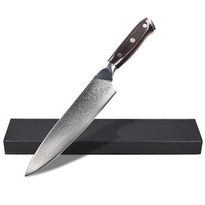 Navaris Damastmesser 20cm Klinge Griff aus Ebenholz - Stahl Küchenmesser Damast Messer aus Damaststahl sehr scharf - mit Holzgriff und Geschenkbox