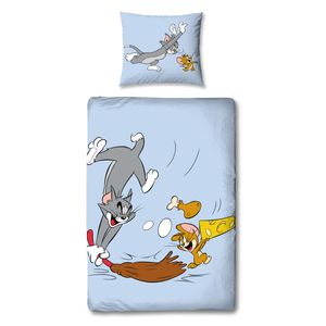 Tom und Jerry Bettwäsche Set mit Wendemotiv · Kinderbettwäsche hellblau 135x200 80x80cm aus 100% Baumwolle · Katze und Maus Bettwäsche mit Reißverschluss