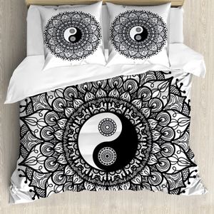 ABAKUHAUS Ying Yang Bettbezug, Bohemian Mendi Kunst, Milbensicher Allergiker geeignet mit Kissenbezügen, 200 cm x 200 cm - 80 x 80 cm, Charcoal Grau Weiß