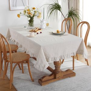 Tischdecke aus Baumwolle mit Rüschen Rechteckig Esszimmer Hochzeitsdeko,Farbe: Beige,Größe:140x200cm(55.12x78.74")