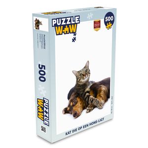 MuchoWow® Puzzle 500 Teile Katze liegend auf einem Hund - Denken - Spiel - Toy