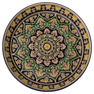 Lagan Rishtan Servierteller Keramik groß Ø 40,5 cm Blumenmuster (Grün-Blau) - Usbekischer Keramikteller mit handbemaltem Design