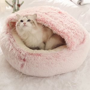 2 in 1 Halbgeschlossenes Katzenbett, Rundes langes Plüsch langes Winterwarmes Katzennest, Donut Flauschiges Katzenbett, 40*40cm, rosa