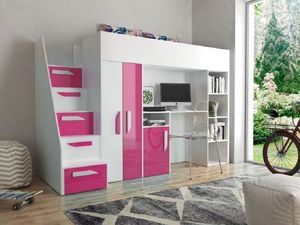 Hochbett Etagenbett mit Schreibtisch Schrank Regal und Treppe PARIS 4 hochglanz weiß-rosa