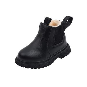 Mädchen Jungen Stiefeletten Low Heel Ankle Boots Stricken Kragen Chelsea Lederstiefel  Schwarz (warmes Plüschfutter),Größe:EU 27
