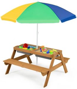 COSTWAY 3 in 1 Kinder Picknicktisch mit Sonnenschirm & Bänke, Kindersitzgruppe aus Holz mit Abnehmbarer Tischplatte & 2 Spielboxen, Sitzgarnitur Kindermöbel-Set für Garten, Hinterhof, Terrasse (Gelb)
