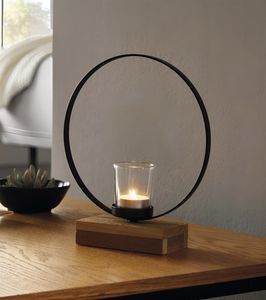 Windlicht "Ring" aus Metall, schwarz, mit Sockel aus recyceltem Holz, 1 Teelichtglas, Teelichthalter, Windlichtglas