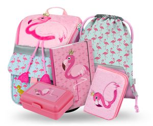 BAAGL Zippy Flamingo Schulranzen-Set 5tlg: Schulranzen, Federmäppchen, Turnbeutel, Brotdose, Heftmappe