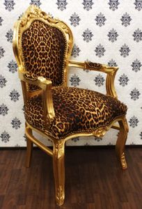 Casa Padrino Barock Esszimmer Stuhl Leopard / Gold mit Armlehnen