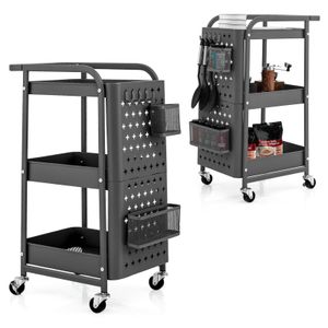 COSTWAY 3-poschodový servírovací vozík, kuchynský vozík s 2 vešiakovými doskami, 2 košíkmi, 4 háčikmi a rukoväťou, pojazdný vozík, univerzálny vozík do kuchyne, garáže a kancelárie, sivý