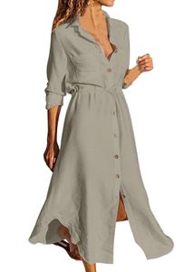 ASKSA Dámské ležérní šaty Letní košilové šaty s dlouhým rukávem Volné pevné midi šaty se šňůrkou, khaki, L